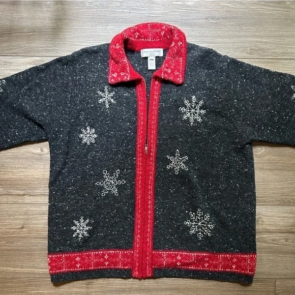 Jones New York | Wool Christmas Zip-Up Sweater w Snowflake Pattern (2X) - Picture 2 of 12